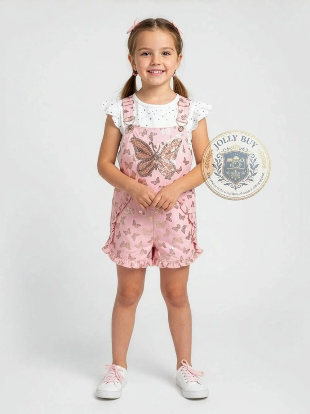 Little Lass Girls 2-Piece Set Denim Ruffled Overall Romper Shorts Shirt Coral - Picture 1 of 5